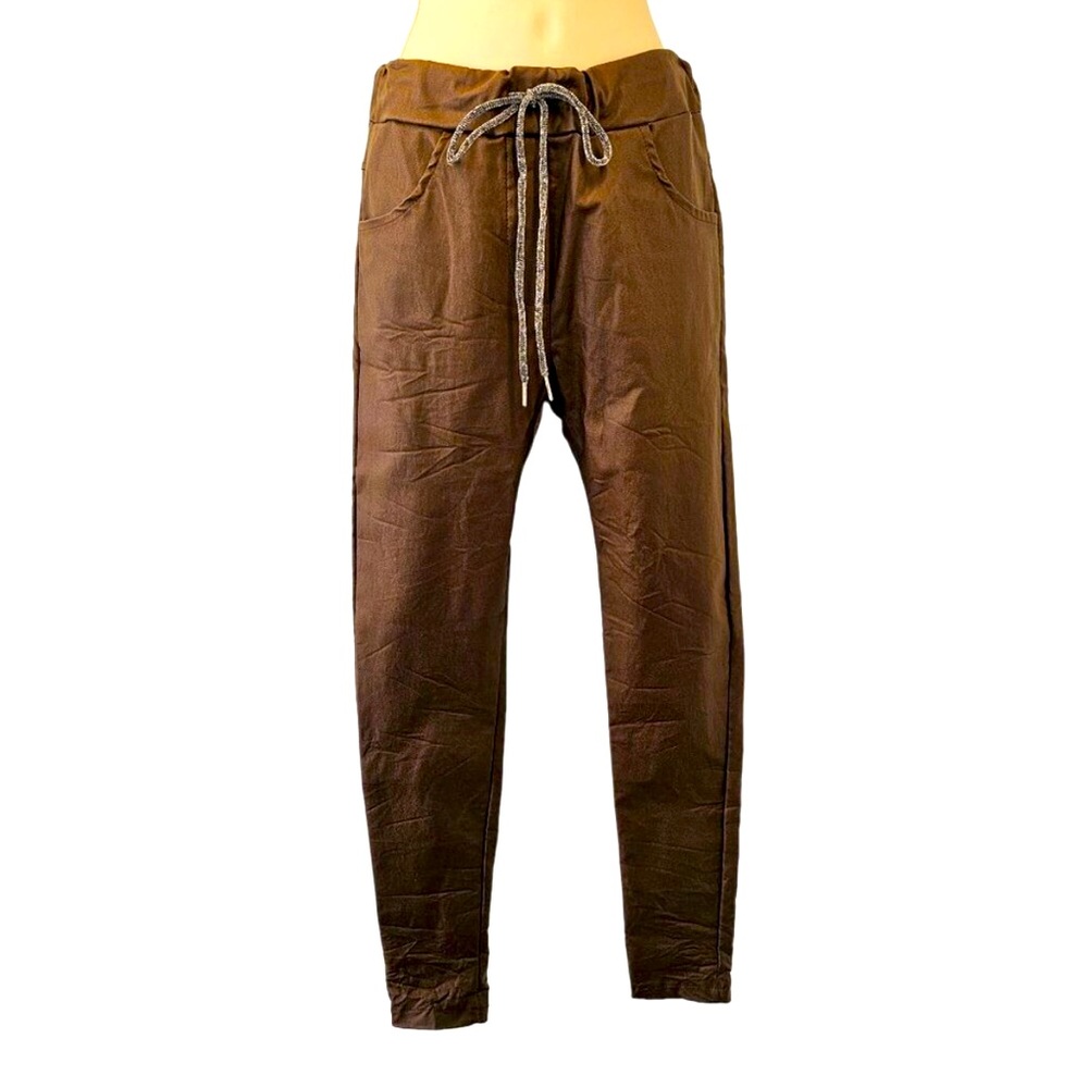 Venti6 Brown Crinkle Jogger Women S Drawstring Pants Lurex Drawstring Close
